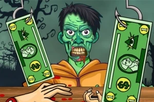 En tegnet zombie med blodig mund i en orange jakke står bag en trædisk med hænder og penge sedler på kroge hængende i forgrunden