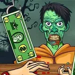 En tegnet zombie med blodig mund i en orange jakke står bag en trædisk med hænder og penge sedler på kroge hængende i forgrunden