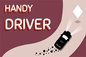 Sort bil kører gennem en kurve med forlygterne tændt på en brun baggrund, ledsaget af teksten Handy Driver