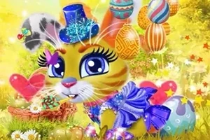 En sød tegneserietiger med store øjne og blå hat sidder i en farverig blomstereng, omgivet af balloner og påskeæg