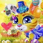 En sød tegneserietiger med store øjne og blå hat sidder i en farverig blomstereng, omgivet af balloner og påskeæg