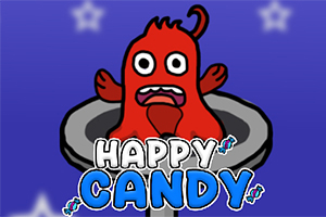 Rød tegneseriefigur med store øjne og åben mund i en metalbeholder med teksten Happy Candy på en blå baggrund med stjerner