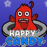 Rød tegneseriefigur med store øjne og åben mund i en metalbeholder med teksten Happy Candy på en blå baggrund med stjerner