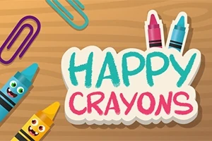 Farverige farveblyanter med ansigter og teksten Happy Crayons på en træbaggrund, flankeret af papirclips