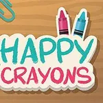 Farverige farveblyanter med ansigter og teksten Happy Crayons på en træbaggrund, flankeret af papirclips