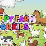 Farverige bogstaver med teksten Happy Farm for Kids foran en tegneserieagtig bondegård med forskellige dyr som køer, får, og heste