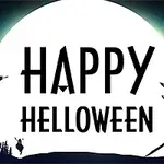 Stor fuldmåne med teksten Happy Halloween, omgivet af silhuetter af flyvende flagermus og hekse samt spøgelseshuse