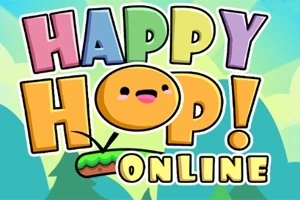 Farverige bogstaver, der danner ordene Happy Hop Online med et smilende ansigt indeni bogstavet O mod en lyseblå baggrund
