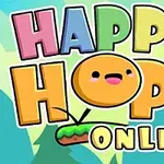 Farverige bogstaver, der danner ordene Happy Hop Online med et smilende ansigt indeni bogstavet O mod en lyseblå baggrund