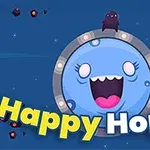 Glad, blå karakter med et stort smil omgivet af farverige elementer i rummet, med teksten Happy Hopper i forgrunden