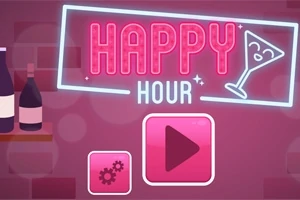 Rødtonet baggrund med neontekst HAPPY HOUR ved siden af en cocktailglas-skitse, to knapper nedenunder samt flasker på en hylde til venstre
