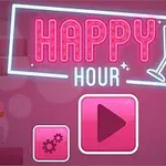 Rødtonet baggrund med neontekst HAPPY HOUR ved siden af en cocktailglas-skitse, to knapper nedenunder samt flasker på en hylde til venstre