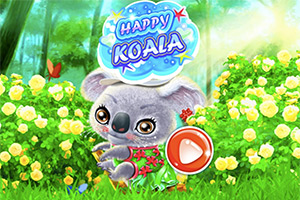 En sød koala iført en farverig blomstret dragt omgivet af gule blomster i en solbeskinnet skov