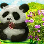 En nuttet panda blandt farverige blomster i et frodigt landskab