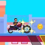 Mand på motorcykel, der kører på en farverig platform med en gul mønt og glitrende effekter i baggrunden