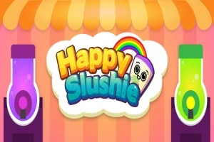 Farverigt logo med teksten Happy Slushie og et smilende ansigt med en regnbue på en stribet baggrund, flankeret af to farverige slushie-maskiner