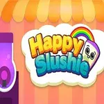 Farverigt logo med teksten Happy Slushie og et smilende ansigt med en regnbue på en stribet baggrund, flankeret af to farverige slushie-maskiner