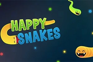 Farverige, animerede slanger med smilende ansigter og teksten HAPPY SNAKES på en mørk baggrund med lysende prikker