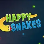 Farverige, animerede slanger med smilende ansigter og teksten HAPPY SNAKES på en mørk baggrund med lysende prikker