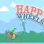En tegneseriefigur cykler gennem et landskab med et barn på bagsædet, mens teksten Happy Wheels vises øverst
