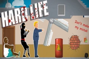 Et digitalt billede med tre figurer i en urban scene; en ninja, en mand i jakkesæt og en siddende skaldet person, foran en mur med teksten Dont make my mistake