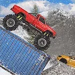 Rødt monstertruck kører hen over en blå container i et snedækket landskab med et gult køretøj i nærheden