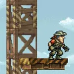 En pixelkunstfigur i militærtøj står på en platform ved siden af en byggekonstruktion mod en blå himmel med få skyer