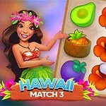 Tegneseriekvinde i traditionelt hawaiiansk tøj ved siden af et bræt med farverige frugter og blomster samt en stor hvide pege-finger