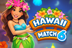 Smilende tropisk kvinde med blomsterkrans og grøn nederdel ved siden af farverigt HAWAII MATCH 6-logo