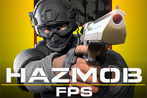 En person iført taktisk udstyr peger en pistol direkte mod betragteren, med teksten HAZMOB FPS i forgrunden