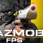 En person iført taktisk udstyr peger en pistol direkte mod betragteren, med teksten HAZMOB FPS i forgrunden