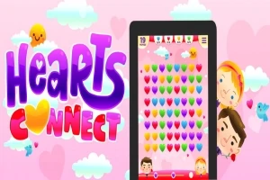 Farverigt tegnet billede med teksten Hearts Connect, en tablet med et hjertebaseret puslespil og tegneseriefigurer på en lyserød baggrund med skyer
