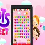 Farverigt tegnet billede med teksten Hearts Connect, en tablet med et hjertebaseret puslespil og tegneseriefigurer på en lyserød baggrund med skyer
