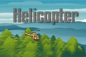 Helicopter En pixelgrafik af en helikopter, der flyver over en skov med bjerge i baggrunden og ordet Helicopter skrevet øverst