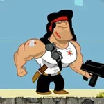 En muskuløs tegneseriefigur med sort hår og rød pandebånd bærer en hvid tanktop med et rødt emblem og holder en sort maskinpistol