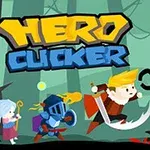 Tegneseriefigurer i kamp med en mørk skikkelse i en skov, med en stor pegefinger og teksten Hero Clicker