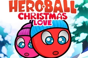 To røde, tegneserieagtige bolde med blå og lilla huer på en snebaggrund, med teksten Heroball Christmas Love øverst