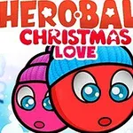 To røde, tegneserieagtige bolde med blå og lilla huer på en snebaggrund, med teksten Heroball Christmas Love øverst