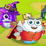 Tegneseriefigurer, herunder en konge med krone og kappe, en troldmand med en lilla hat og skæg, og en ridder med hjelm og skjold, står på en græsplæne