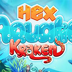 Farverig grafik med ordene Hex Aquatic Kraken i et undervandsmiljø med bobler og planter