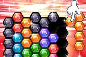 Farverige, sekskantede blokke arrangeret i rækker med en animeret hånd, der peger mod en gruppe af tre orange blokke