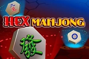 Tekst HEX MAHJONG i farverige bogstaver med mahjong-brikker i baggrunden på en blå og rød hexagon mønstret baggrund