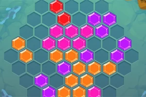 Farvede sekskantede blokke i rød, lilla og orange er arrangeret på et gitter af grå sekskanter