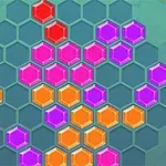 Farvede sekskantede blokke i rød, lilla og orange er arrangeret på et gitter af grå sekskanter