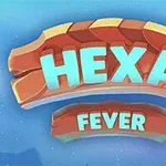 Titel med teksten HEXA FEVER i lyseblå bogstaver på en rød bueformet baggrund mod en blå himmel