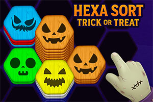 Hexa Sort Trick or Treat Farverige sekskantede brikker med udskårne græskaransigter og en zombiefinger mod en lilla baggrund