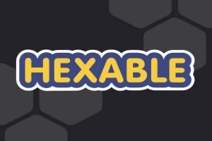Teksten HEXABLE i gule bogstaver med en hvid kant på en mørk baggrund med sekskantede mønstre