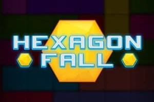 Hexagon-formet ikon med teksten Hexagon Fall over en mosaik af farvede blokke