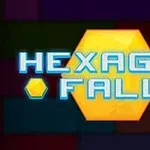 Hexagon-formet ikon med teksten Hexagon Fall over en mosaik af farvede blokke