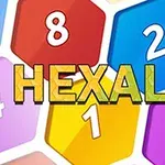 Farverige nummererede sekskanter med forskellige tal og teksten HEXALAU i midten